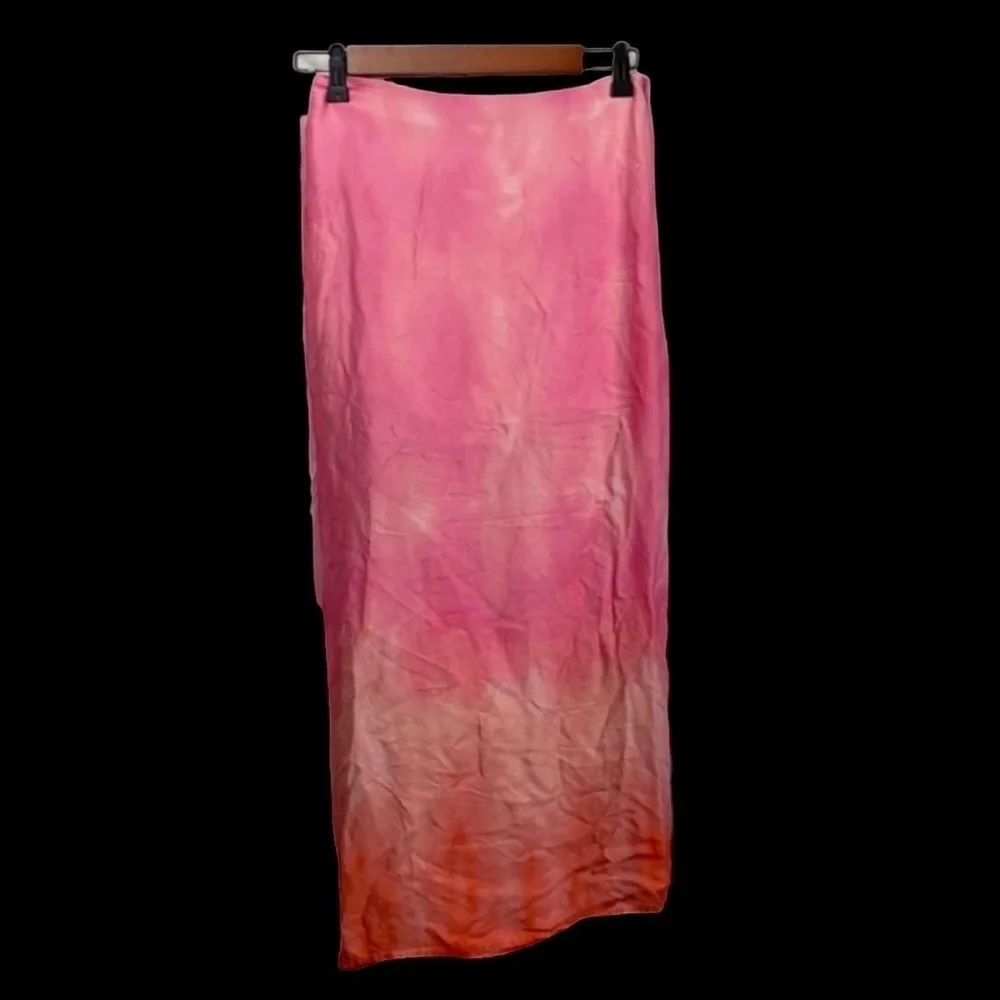Zara Pink Semi Sheer Slit Draped Ombré Ruched Silk Satin Pencil Skirt Small